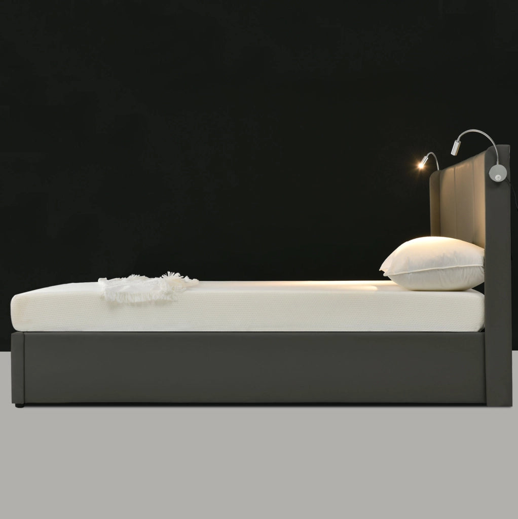 Letto matrimoniale imbottito con contenitore 140x200 cm, struttura grigia in PU, testiera con luce da lettura e funzione di ricarica USB, con rete a doghe