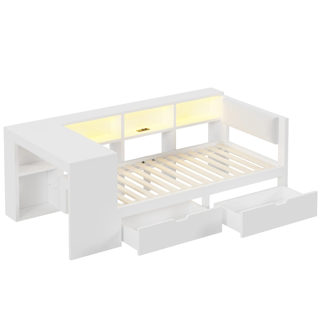 Letto a piattaforma in legno 90x200 cm con testiera imbottita, cassetti, ripiani, stazione di ricarica e luci LED colorate, bianco