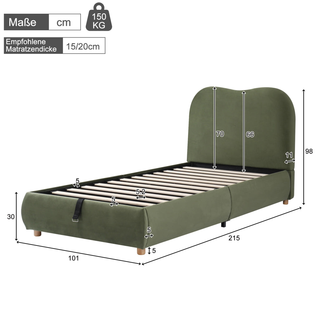 Letto imbottito verde in velluto con contenitore idraulico e rete