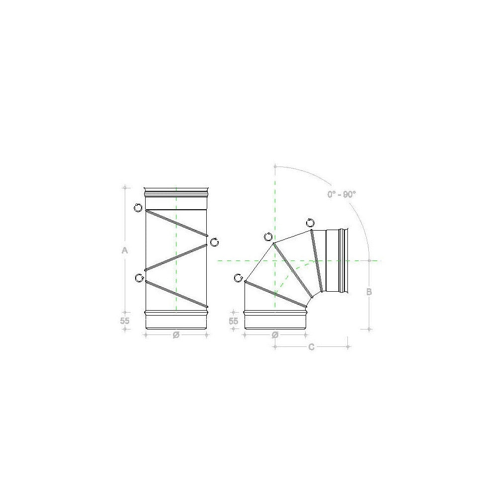Curva gomito inox 120mm orientabile registrabile 5 decimi curvatura 0-90°