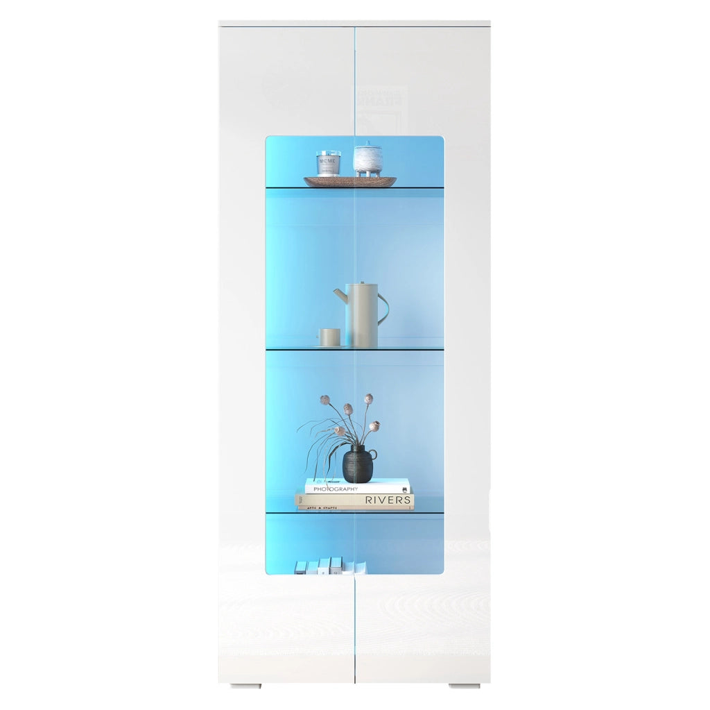 Vetrina alta 70x40x173 cm in MDF bianca, 2 ante e LED salvaspazio