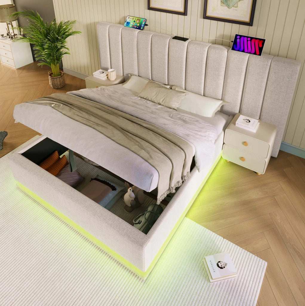 Letto contenitore 180 × 200 cm con LED; 3 USB e Type-C; lino beige
