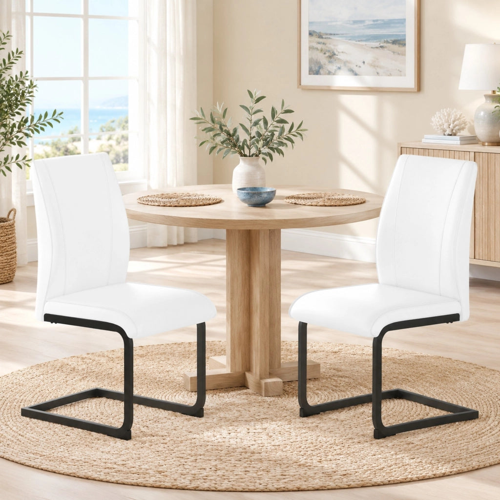 Sedia da pranzo con schienale ergonomico in similpelle bianca e metallo nero