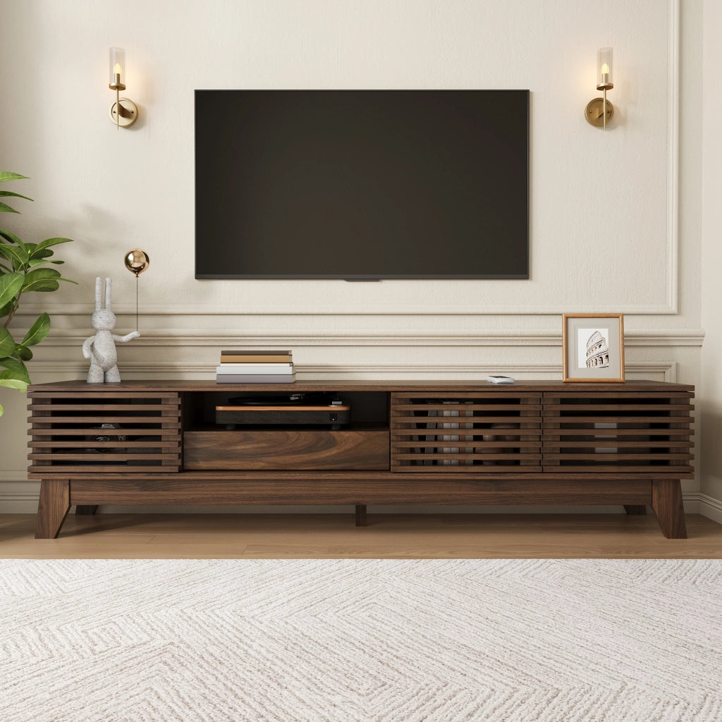 Mobile TV da 170 cm con frontali scanalati e 3 ante, MDF, noce