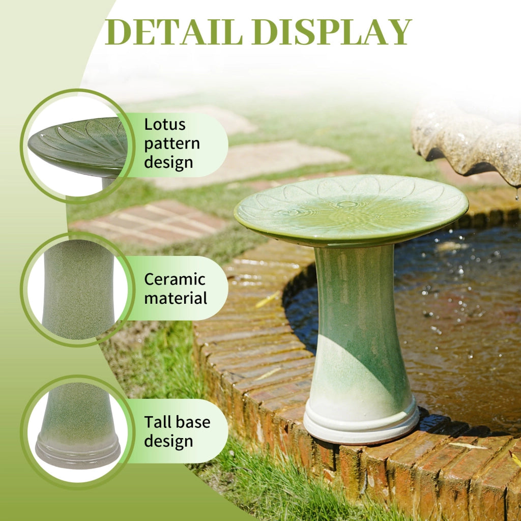 Abbeveratoio per Uccelli in Ceramica Artigianale con Rilievo a Fiori, Ø43 cm, Altezza 45 cm, Glassa Verde Chiaro Lucida, Resistente al Freddo e agli Agenti Atmosferici