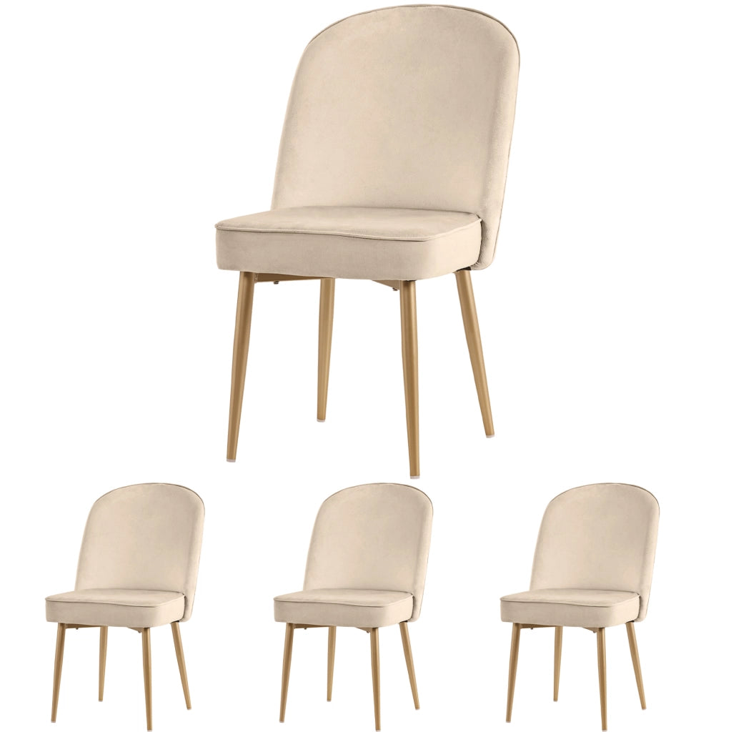 Set di 4 Sedie da Pranzo Beige in Velluto con Gambe in Metallo Dorato, Moderne e Comode