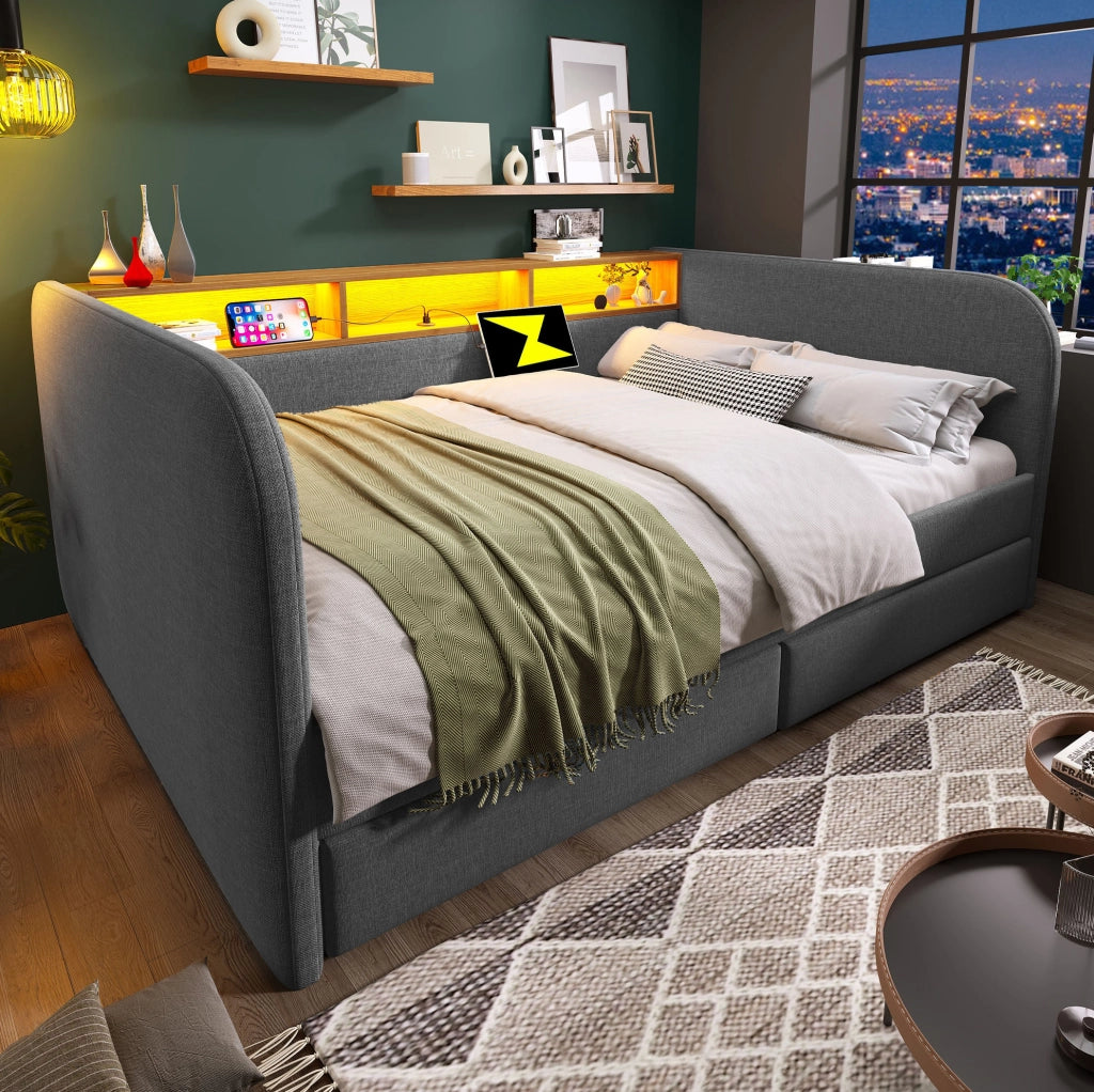 Letto imbottito 140x190 cm con LED, USB-C e 2 cassetti