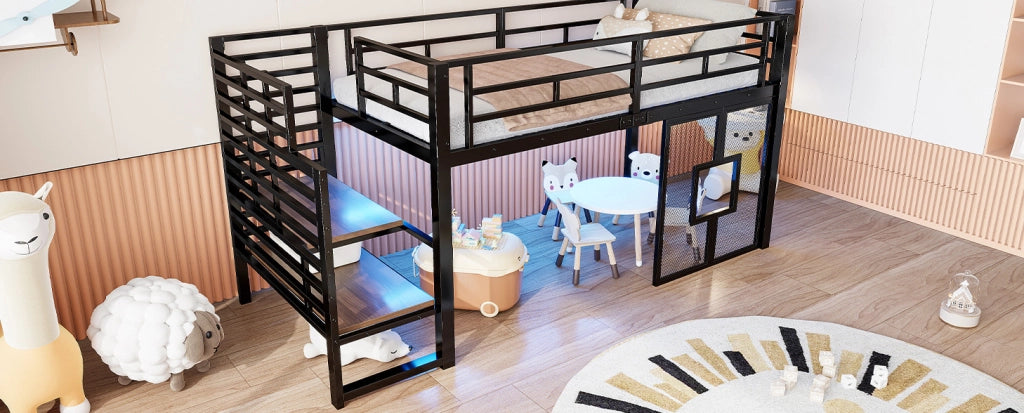 LETTO a soppalco in metallo 90x200 cm Nero con scala e luci LED