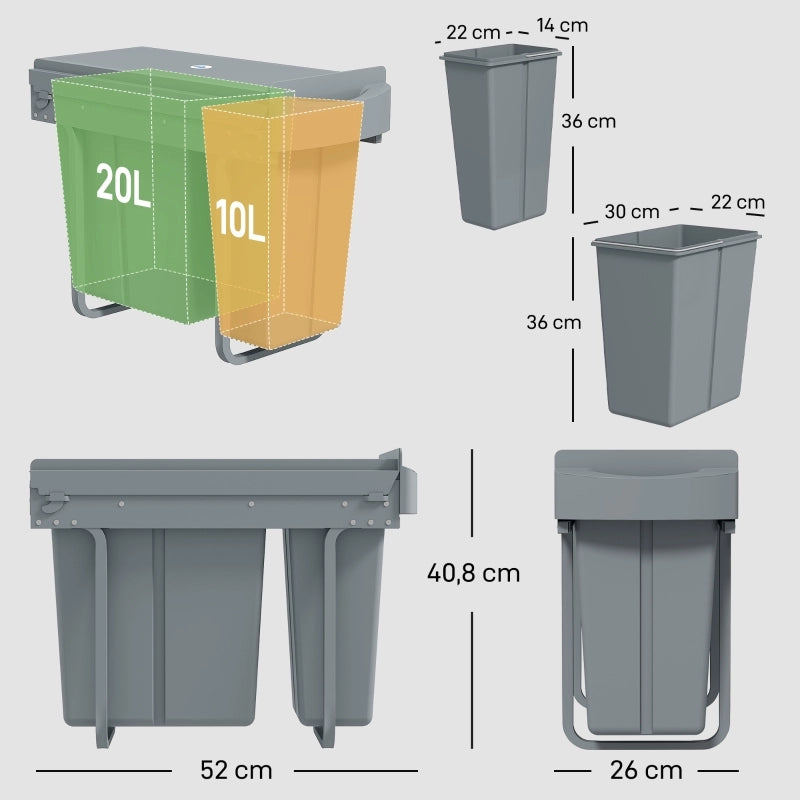 Pattumiera estensibile, contenitore per rifiuti da cucina con 2 secchi rimovibili, maniglia, 30 litri (20 L + 10 L), metallo, grigio