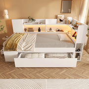 Letto singolo 90x200 cm bianco con LED, USB/Type-C, cassetti e ripiani