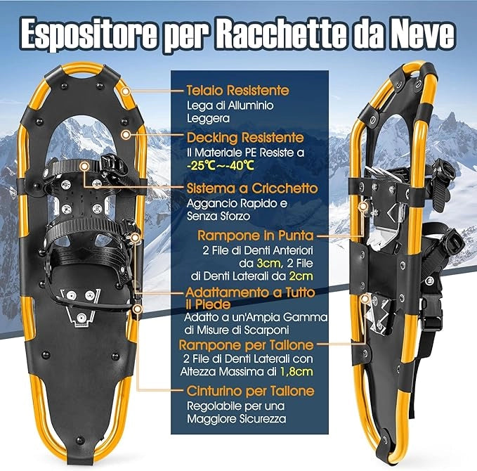 Set 4 in 1 Ciaspole da Neve 53/63/78 cm per Uomini, Donne e Ragazzi con Sistema di Fissaggio, Telaio in Alluminio, Bastoncini da Trekking, Ghette Gambe Impermeabile e Borsa