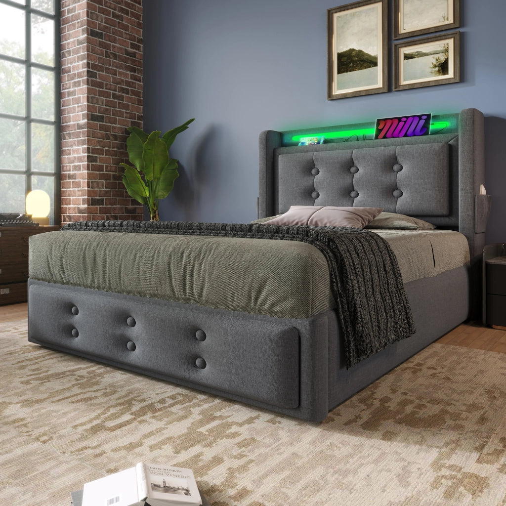 Letto singolo imbottito 90x200 cm con testiera LED e contenitore