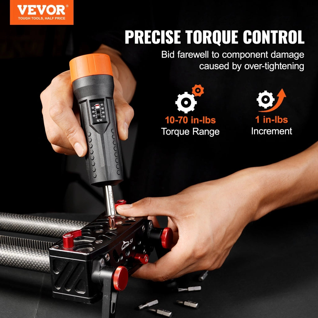 Set Cacciavite Dinamometrico 1/4" NSQ-70 Regolabile 10-70 in-lb (1,13-7,91 Nm), Giravite di Precisione con Punte per Bricolage e Officina
