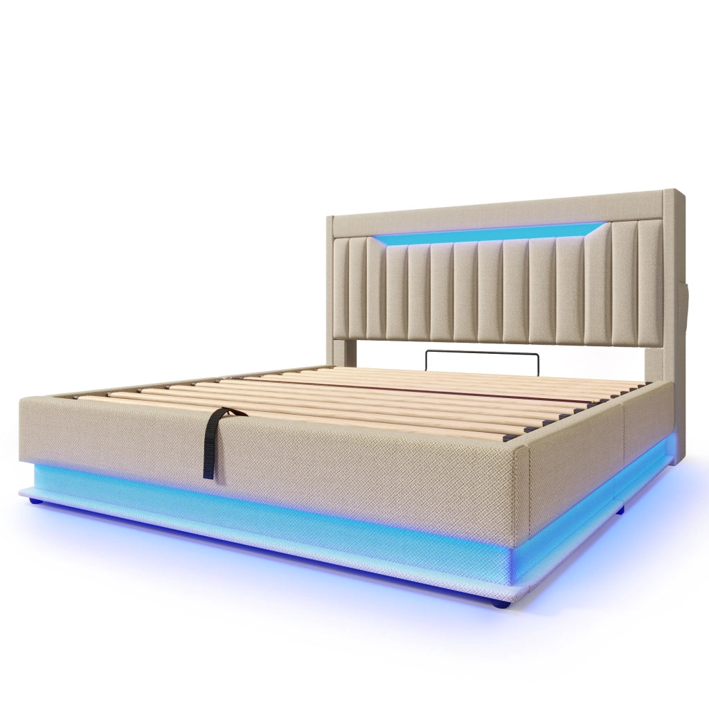 Letto matrimoniale imbottito; 160x200cm; con testiera di riporto; USB C e LED; beige