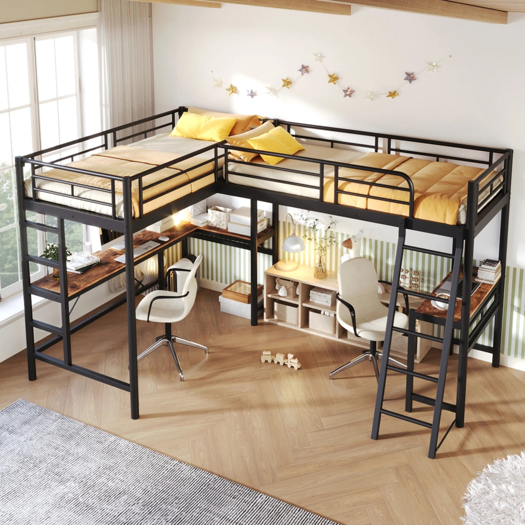 Letto a soppalco 90 × 200 cm con scrivania doppia scala in metallo e MDF nero