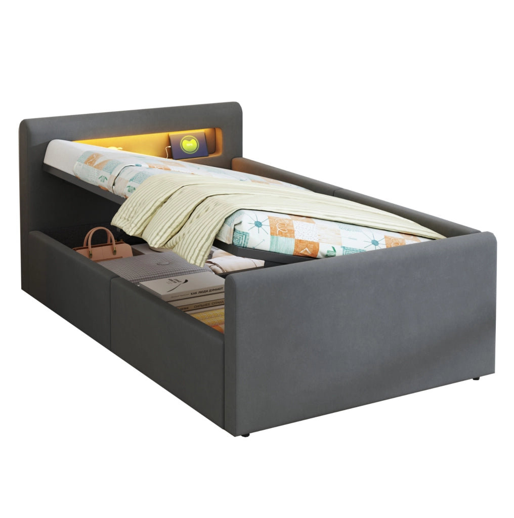 Letto imbottito per bambini 90x200 cm con LED; USB; contenitore e schienale reversibile; grigio