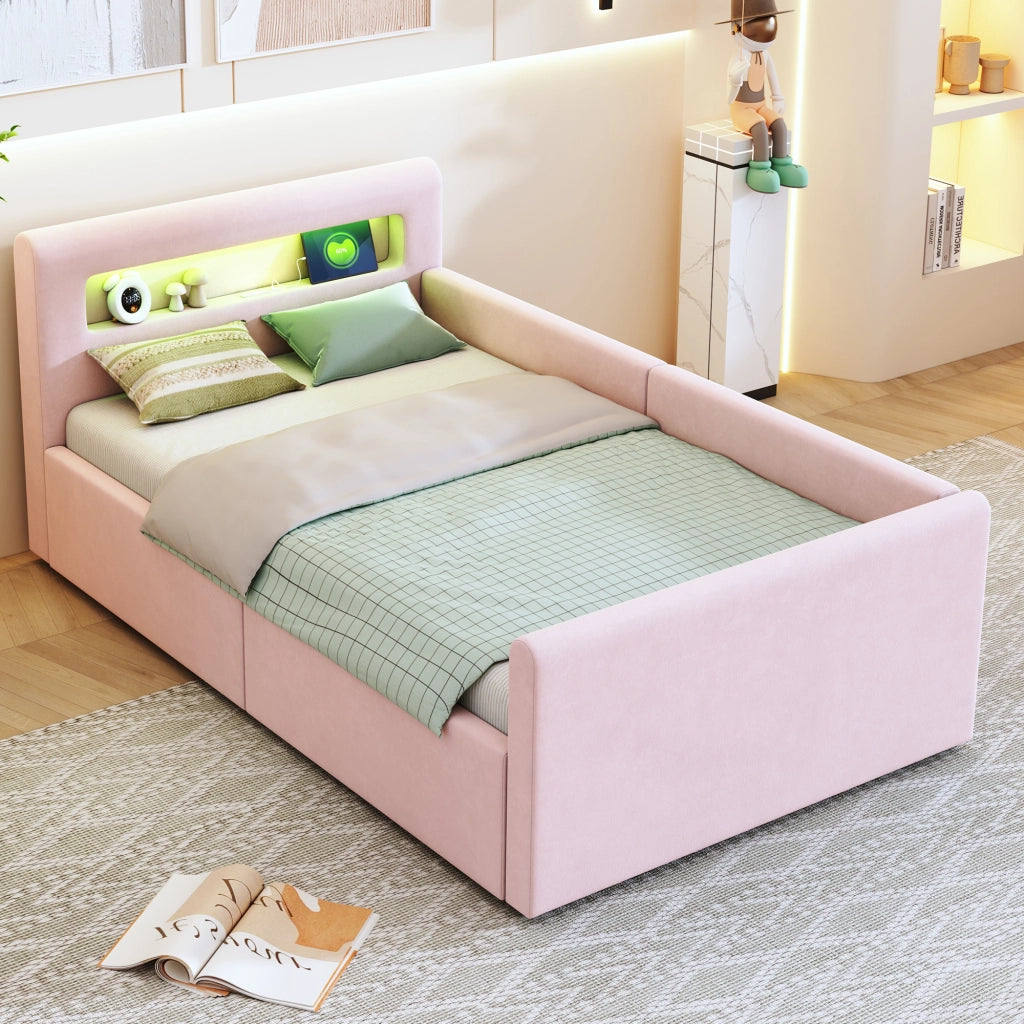 Letto singolo imbottito per bambini 90 × 200 cm con LED USB vano idraulico velluto rosa e rete a doghe
