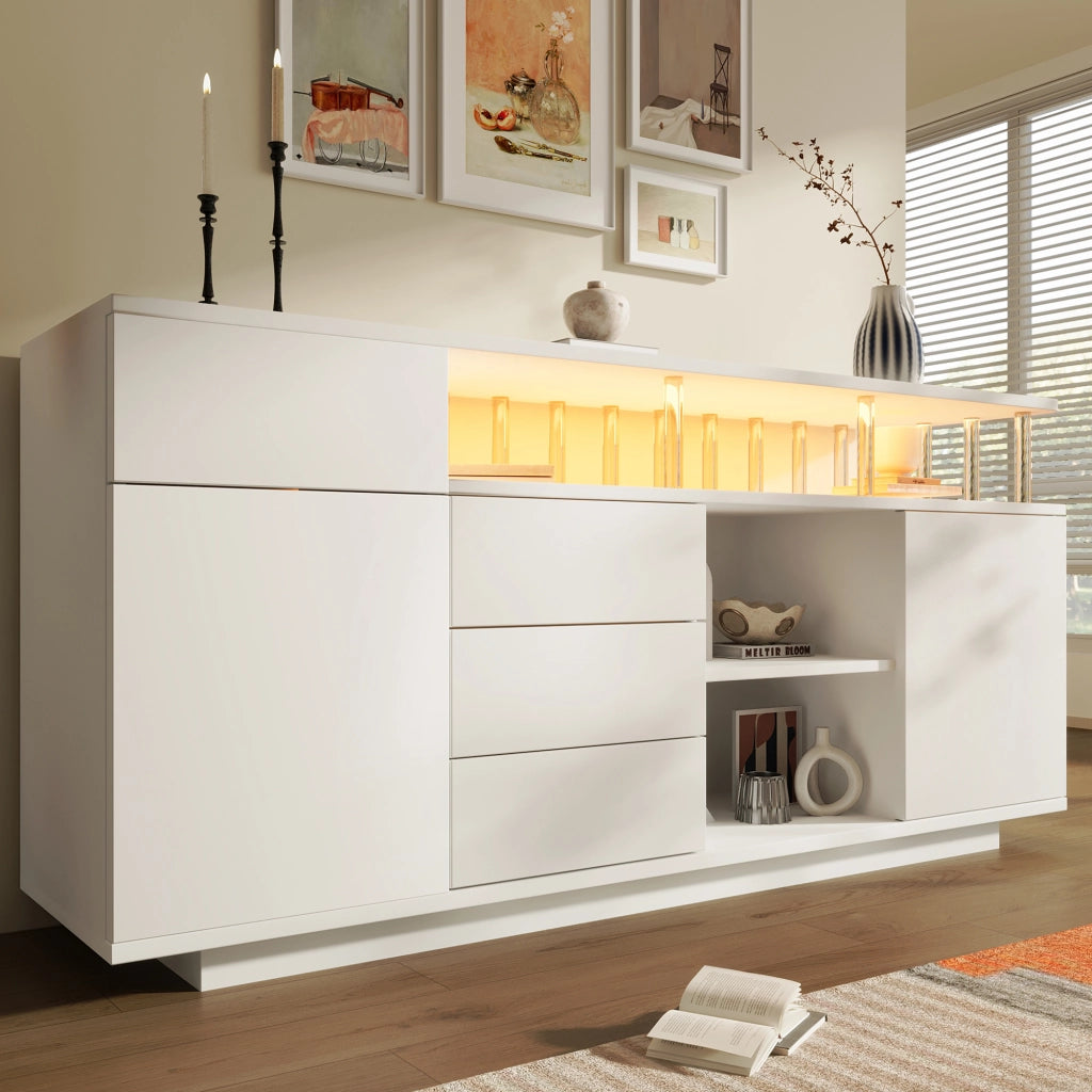Credenza 160x40x75 cm con LED e ripiani regolabili in MDF e acrilico bianca