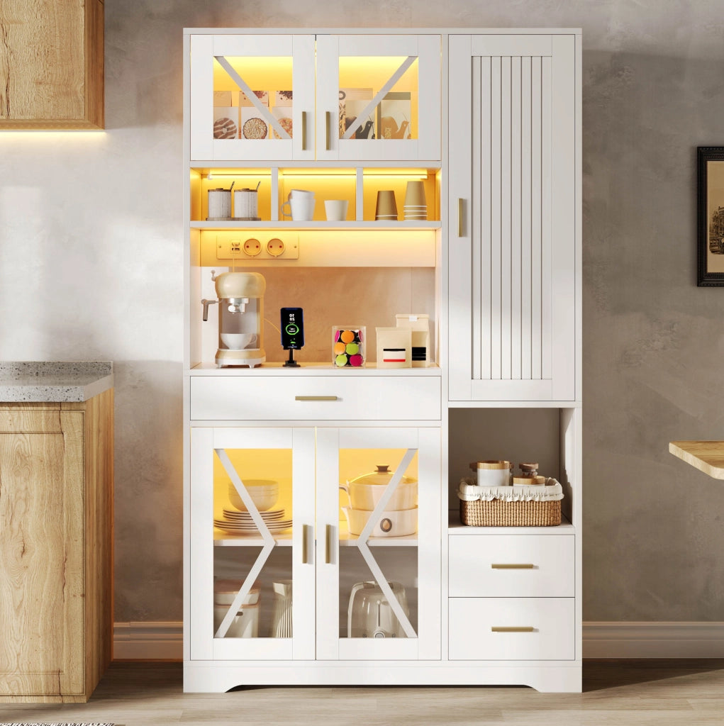 Credenza alta con LED e prese, 105x40x185 cm, bianca