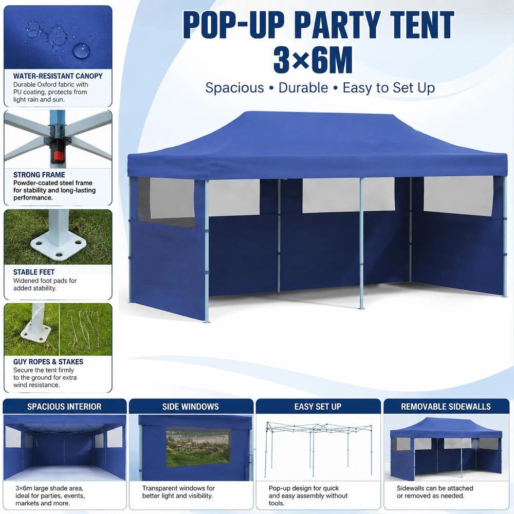 Pop-Up Party Tent, Foldable, Blue, 3x6 M