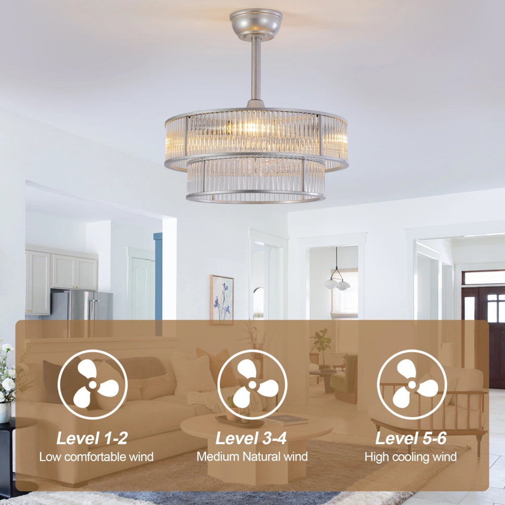 Ventilatore da soffitto con luce a 4 portalampade E26. 6 velocità; app Bluetooth e telecomando; argento