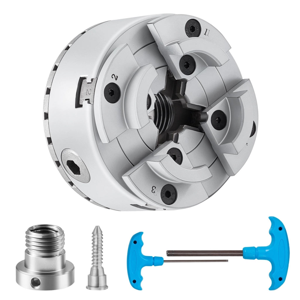 Mandrino per Tornio da Legno KP96 a 4 Griffe φ96mm Autocentrante M33x3.5 con Chiave a T in Acciaio per Fai da Te e Officina