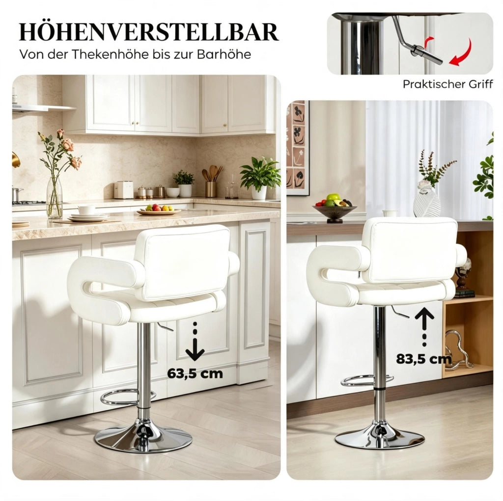Sgabello da Bar Regolabile in Altezza con Braccioli e Schienale, Bianco, 61x50x93-113 cm