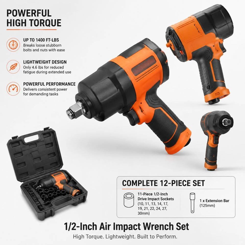 Pneumatic Impact Wrench, Max. Loosening Torque 1898 Nm, 1.27 Cm Square Drive, Max. Torque 1627 Nm, Low Vibration, Includes 10 Sockets, 8000 Rpm No-load Speed