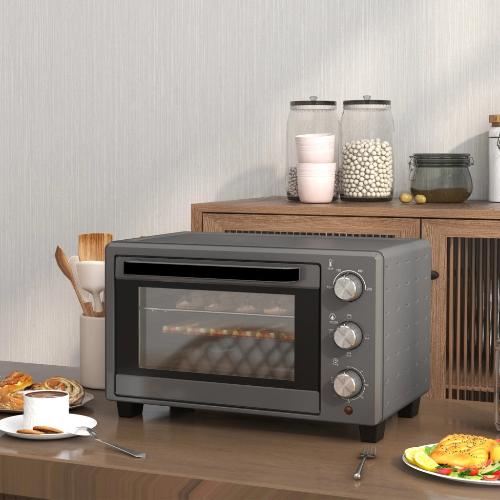 Mini Forno Elettrico 21L 1400W, Timer 60 Min, Temp 100-230°C, in Acciaio Inox Grigio, con Teglia e Griglia