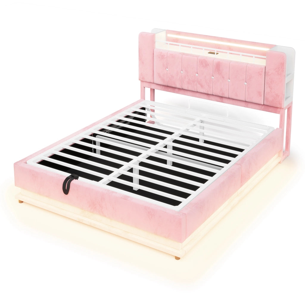 Letto imbottito 160x200 cm con LED, USB e contenitore idraulico in velluto rosa