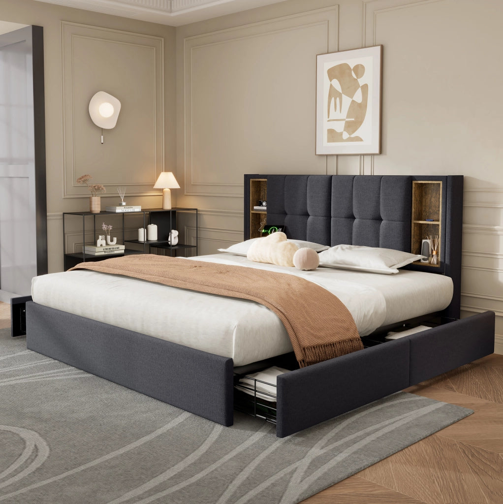 Letto matrimoniale 160x200 cm con ricarica wireless; USB C e 4 cassetti; lino grigio