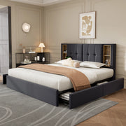 Letto matrimoniale 160x200 cm con ricarica wireless; USB C e 4 cassetti; lino grigio