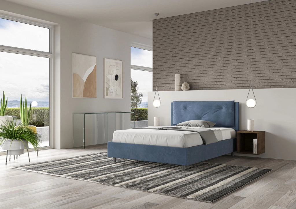 BS COM Letto matrimoniale francese senza rete imbottito 140x200 microfibra blu Large