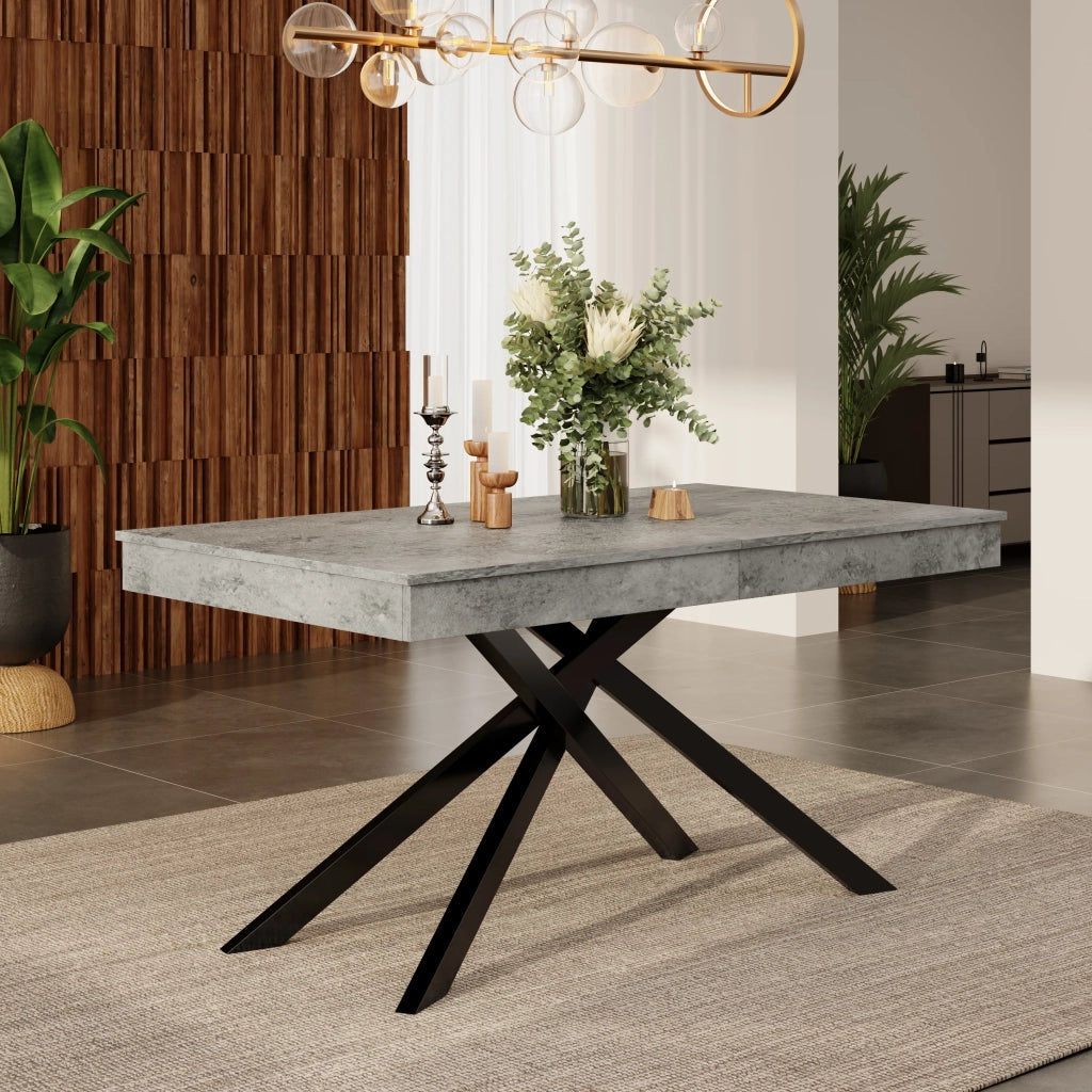 Tavolo da pranzo allungabile grigio 140/180x80 cm, stile semplice, piano spesso e gambe in metallo, per 6-8 persone, forma rettangolare, per cucina e soggiorno