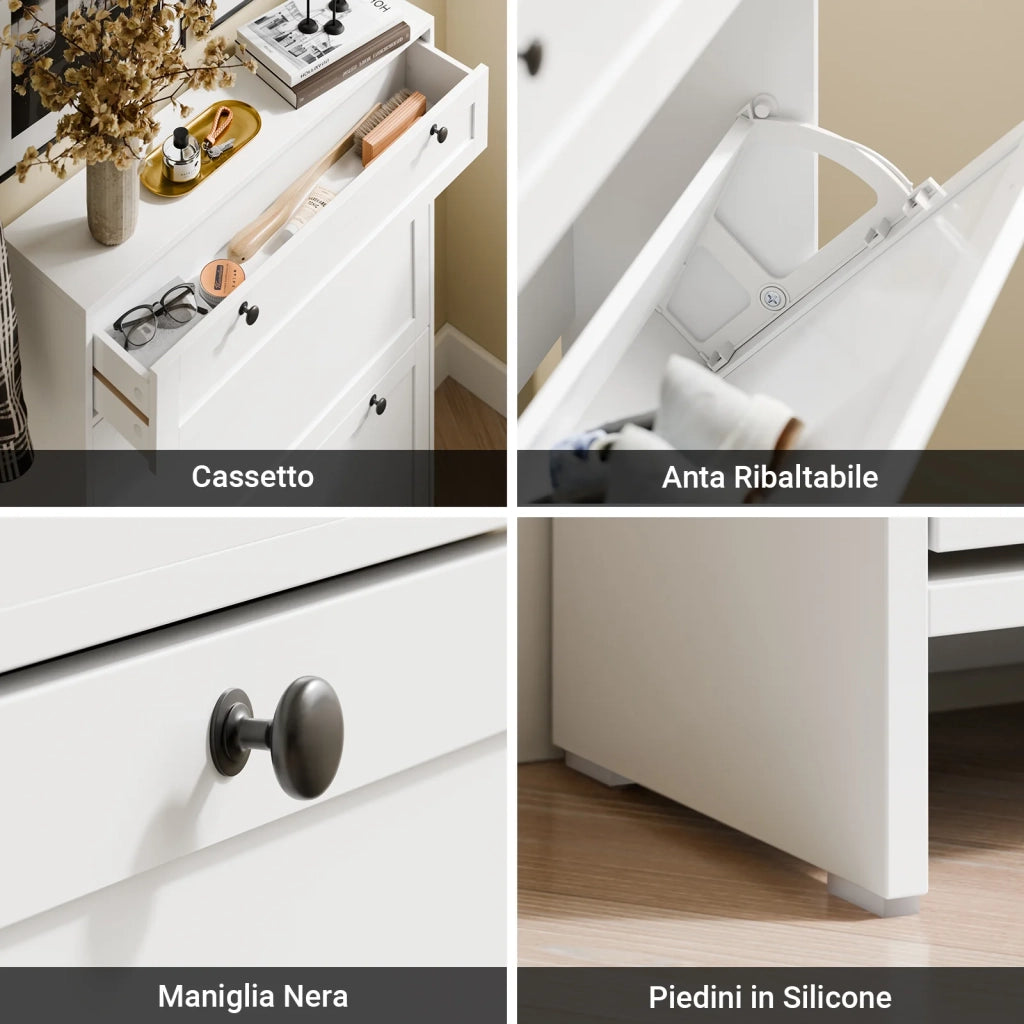 SoBuy FSR207-W, Scarpiera Salvaspazio Slim In Legno, Scarpiera Ingresso Moderna con 2 Ante a Ribalta e 1 Cassetto, Design Compatto per Spazi Ristetti, Facile da Pulire, Bianco, 80x19x107 cm