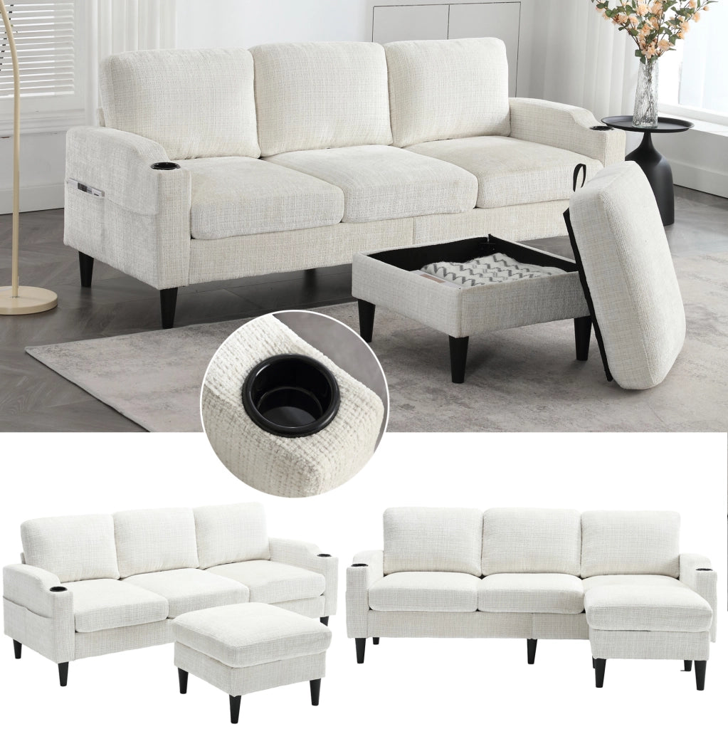 Sofa 4 posti con pouf contenitore in chenille beige; 196;5 x 75 x 77 cm
