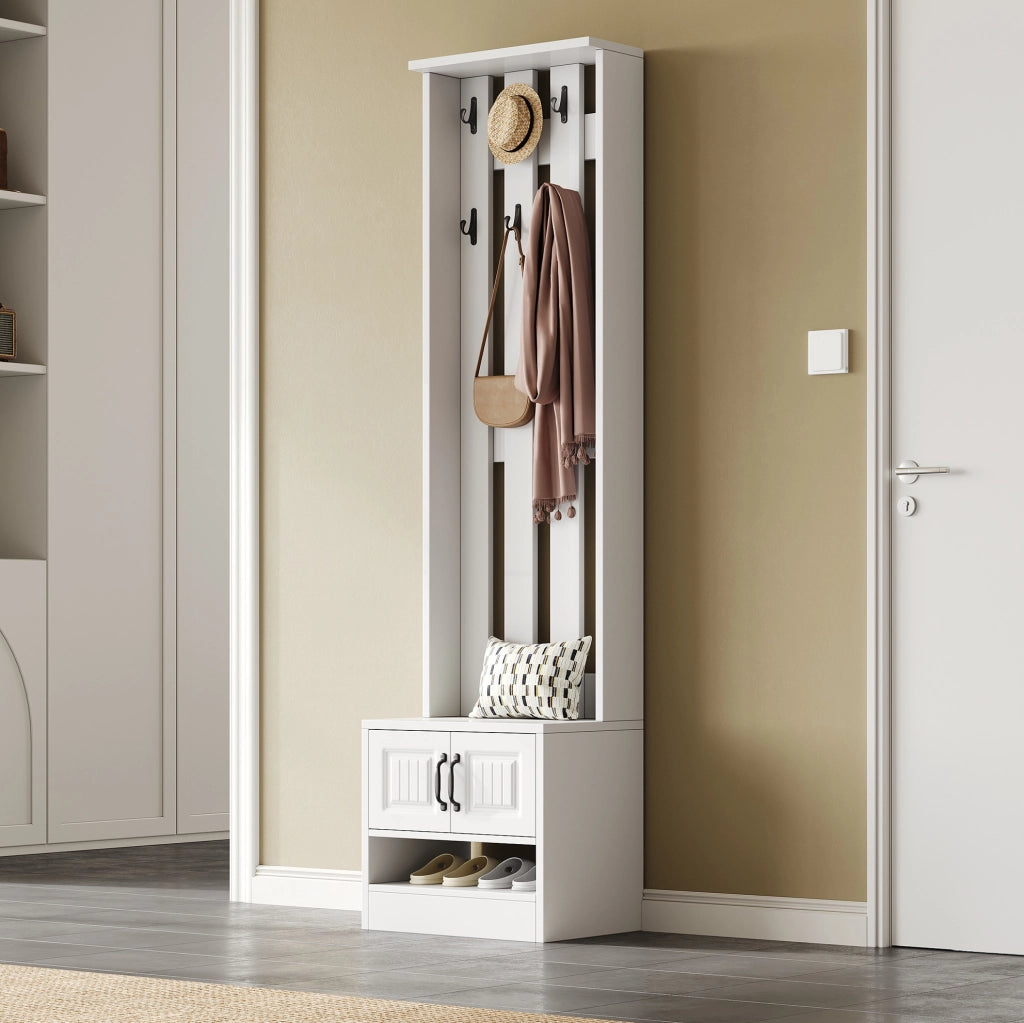 Scarpiera bianca con 2 ante, 8 ganci e schienale, B50xP36xH190 cm, multiuso per ingresso
