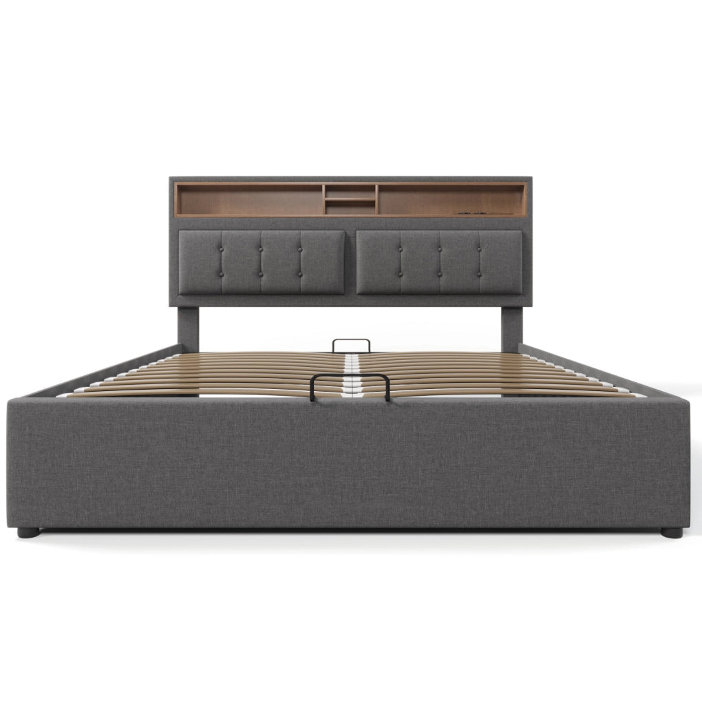 Letto imbottito 160x200 cm con contenitore, prese USB-C e materasso grigio