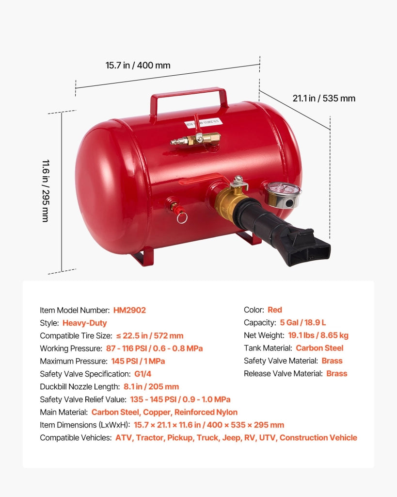 HM2902 Gonfiatore per Pneumatici 18,9 L in Acciaio al Carbonio 0,6-0,8 MPa Tallonatore Robusto per Officina Camion e Furgoni Rosso