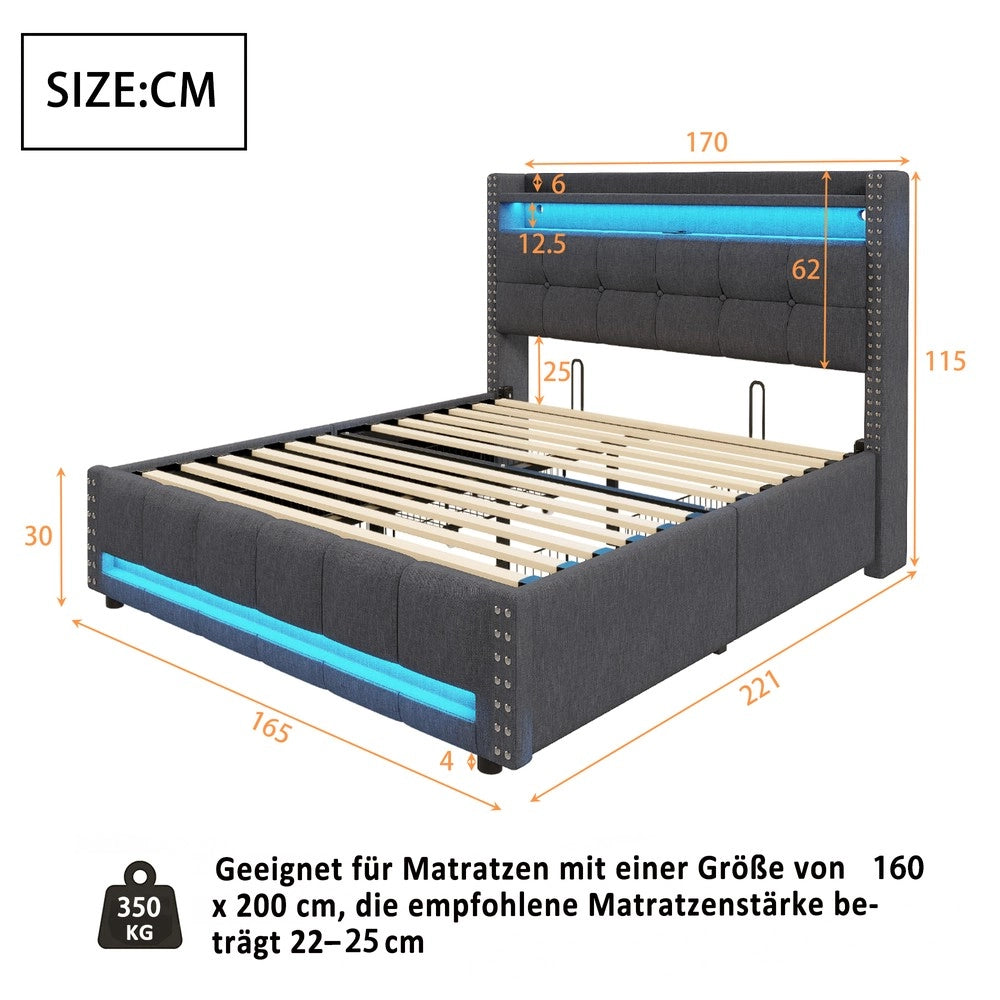 Letto Imbottito Contenitore con LED e USB ¨C MINIMAL ¨C Tessuto Grigio, 4 Cassetti, 160x200