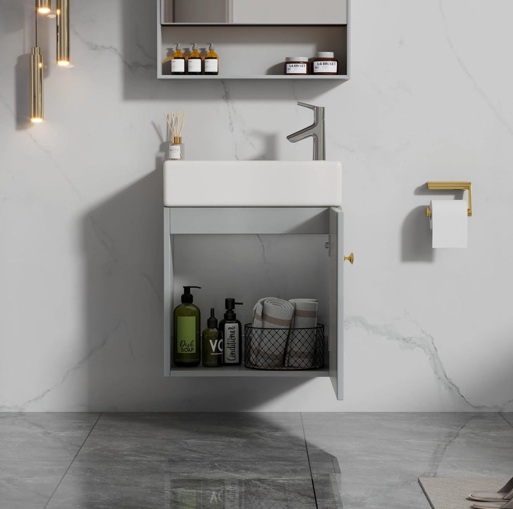 Mobile bagno con lavabo in ceramica e anta soft-close; MDF grigio e bianco