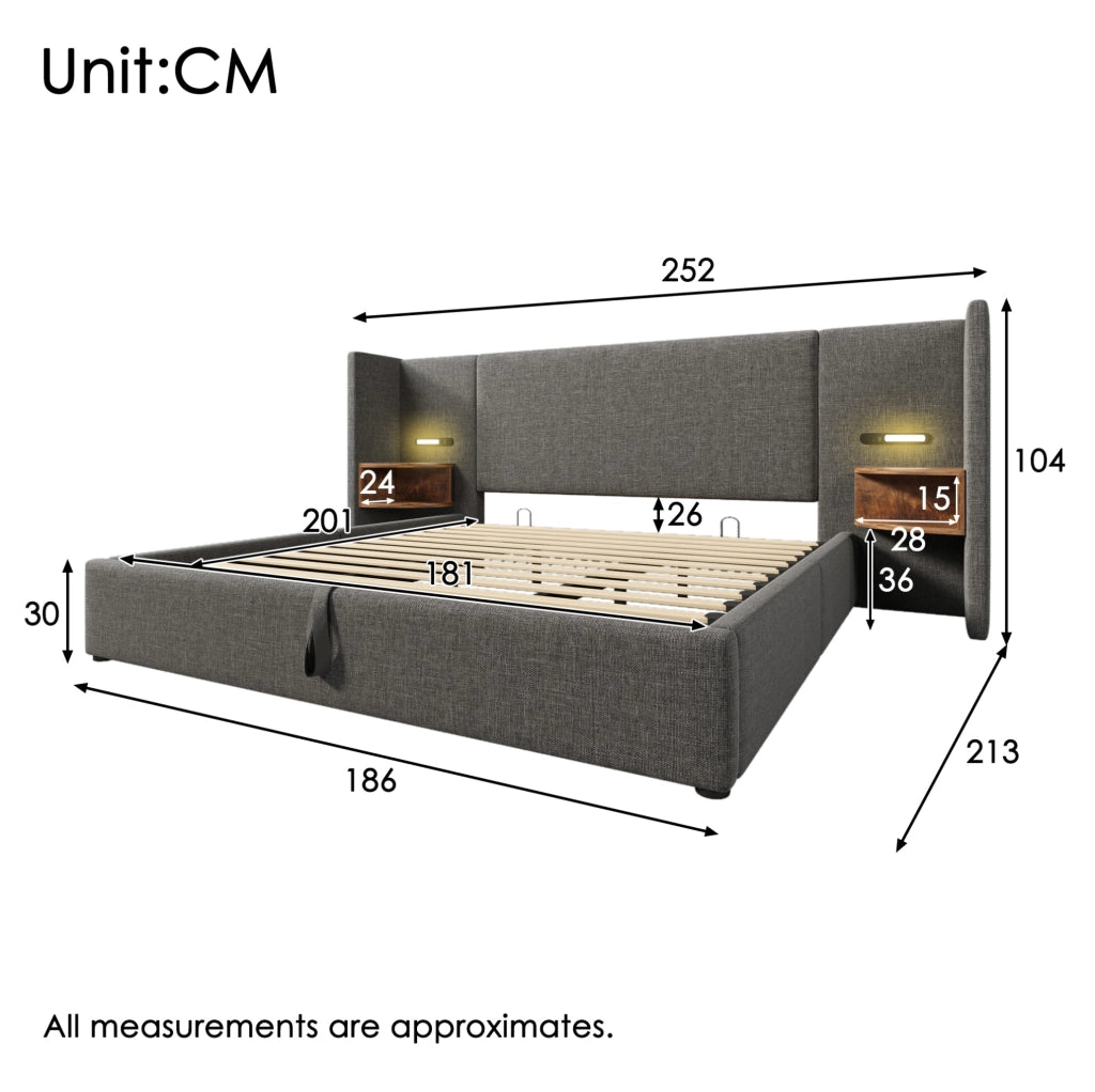 Letto matrimoniale 180x200 grigio con contenitore, luce LED, USB e Type-C