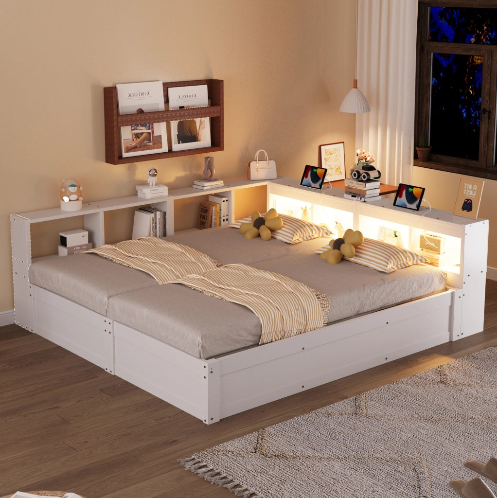 Letto multifunzione 90/180x200 cm bianco con prese integrate, LED e contenitore