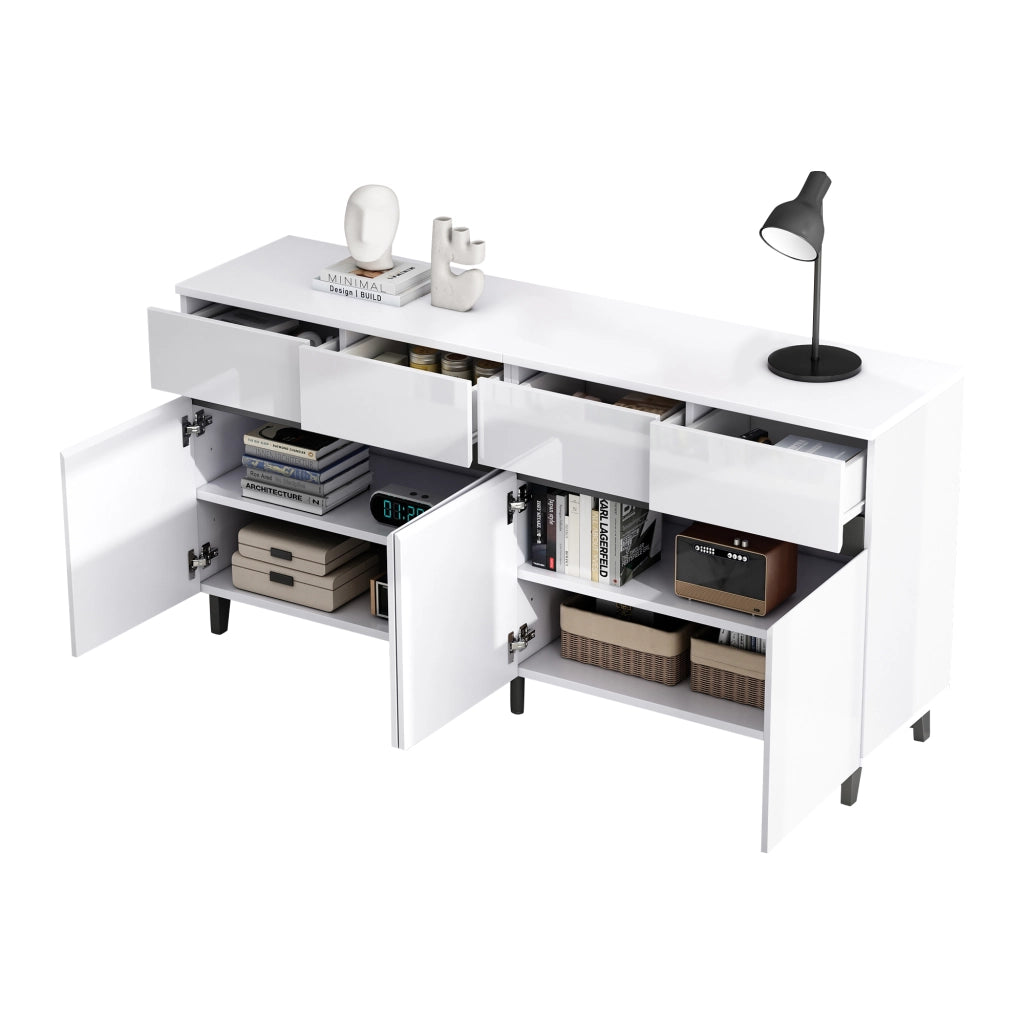 Credenza con 4 cassetti; 2 ante e ripiani regolabili; frontali lucidi bianchi 160 × 40 × 68 cm
