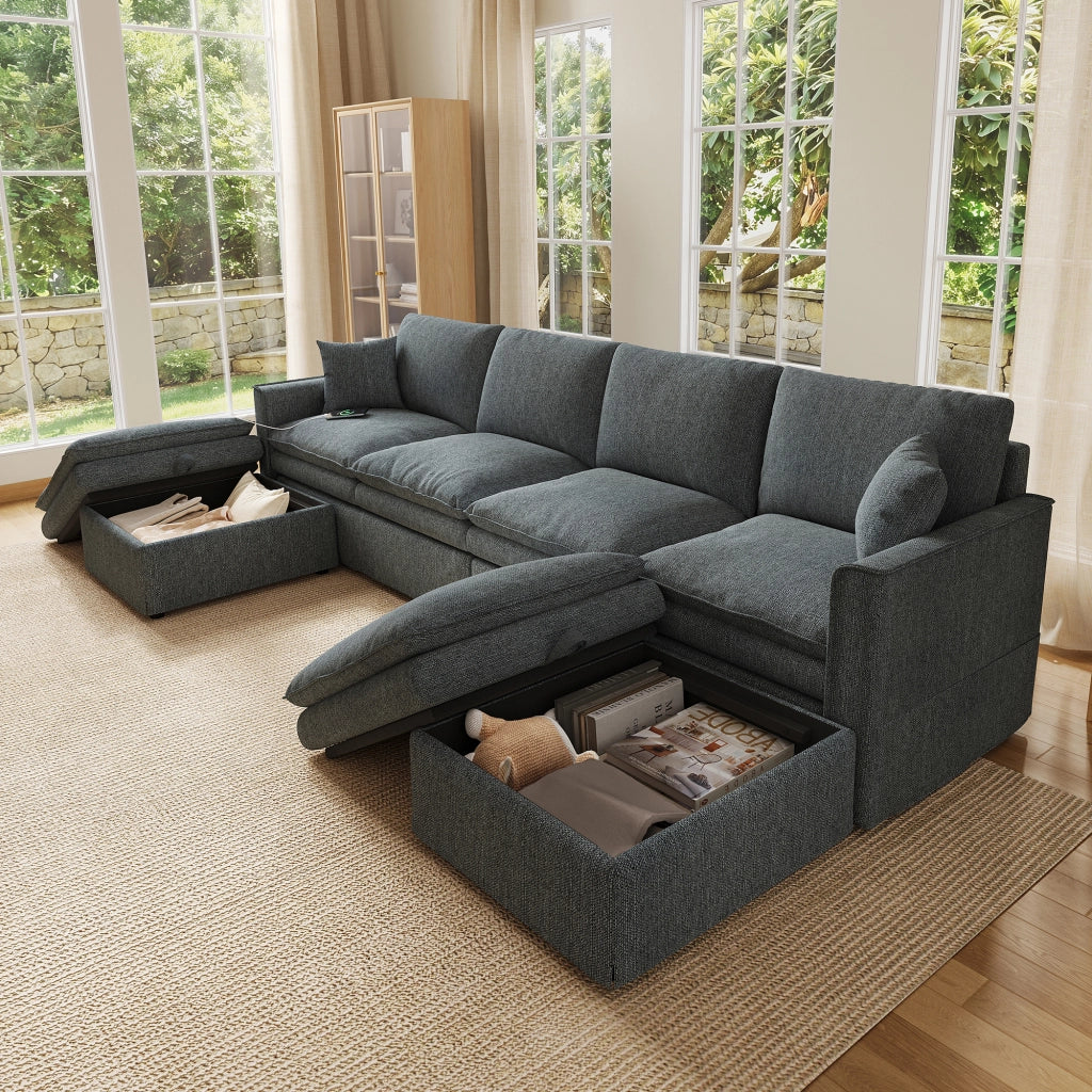 Divano modulare 6 posti configurabile a U o L con 2 pouf contenitore porte USB e Type-C in cotone e lino grigio