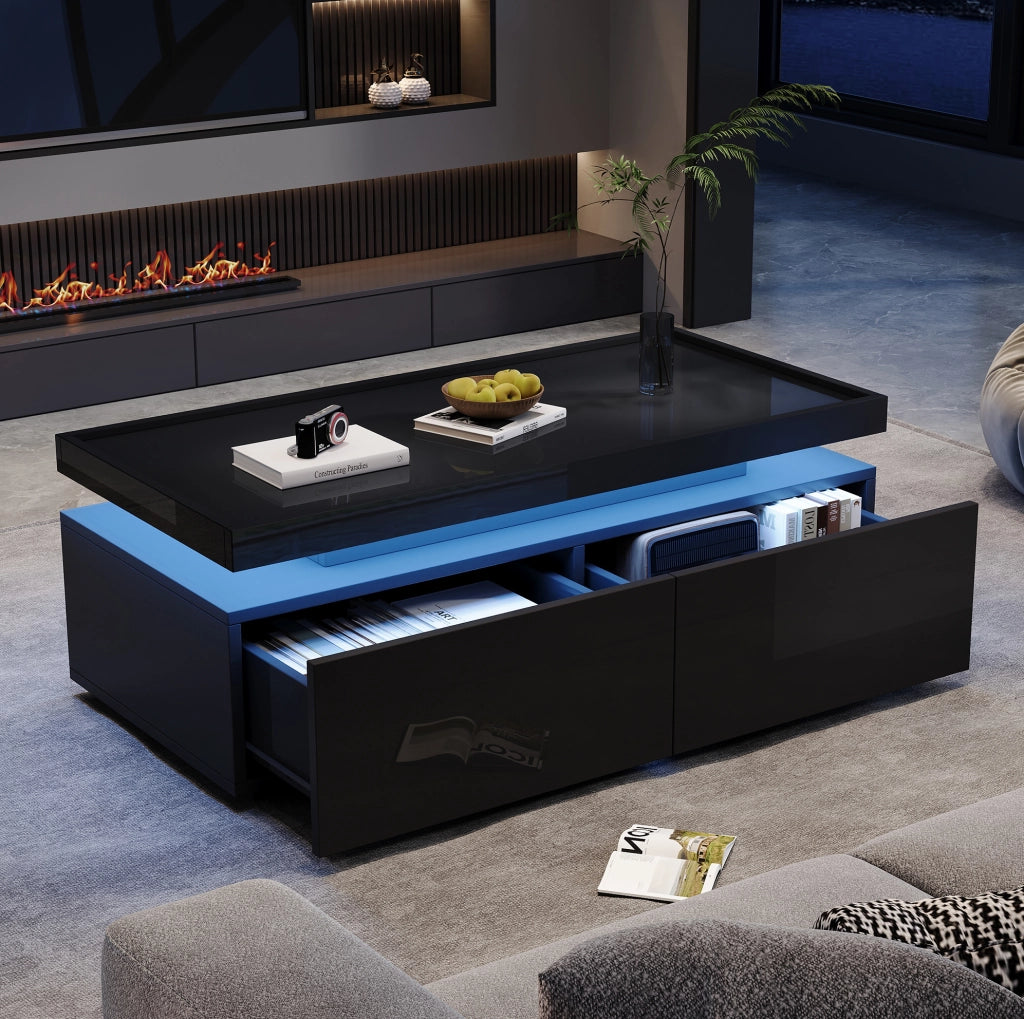 Tavolino da salotto moderno con LED, 2 cassetti e vano aperto