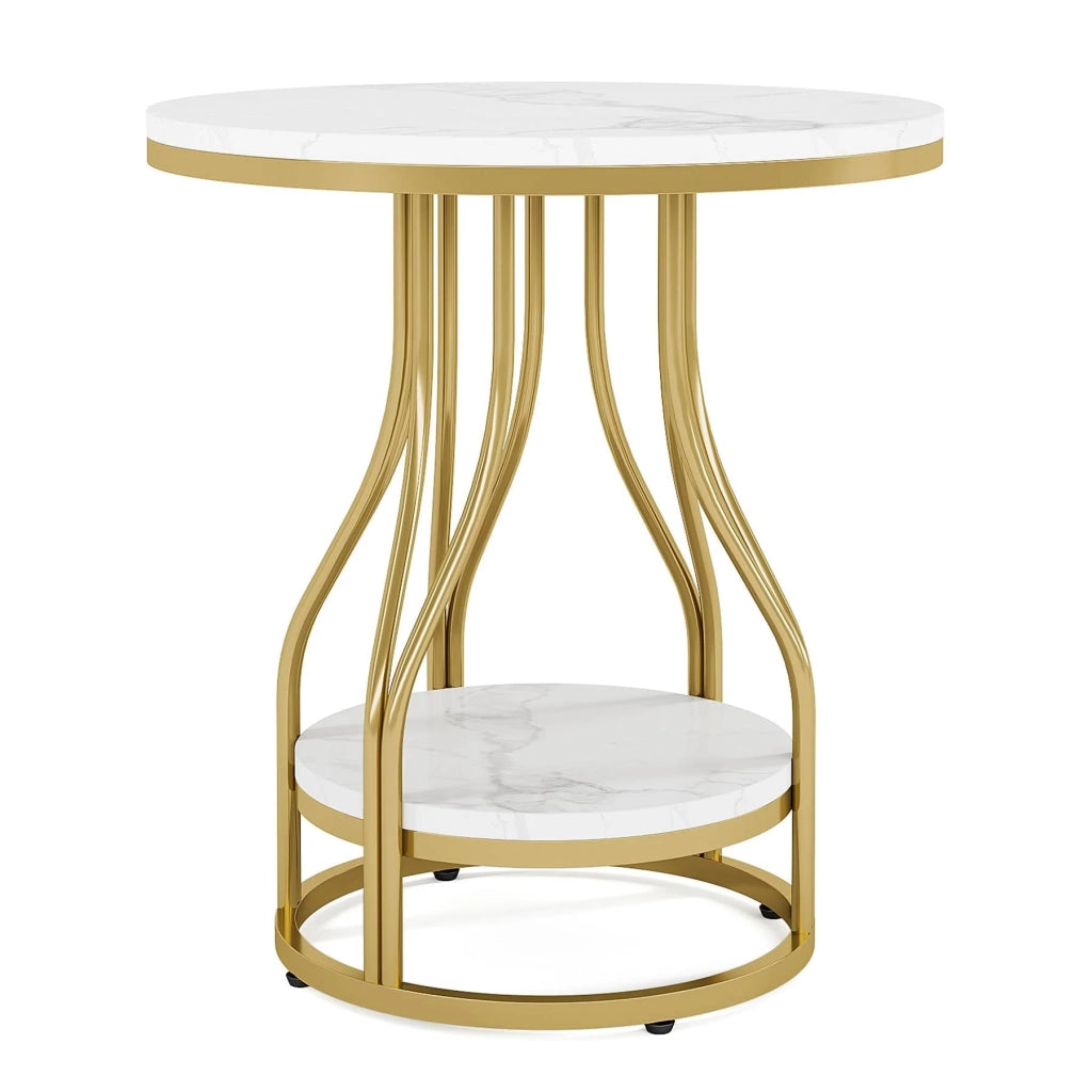 Tavolino da salotto rotondo a 2 ripiani, effetto marmo bianco e oro, per soggiorno, in metallo e legno, 50 × 50 × 60 cm