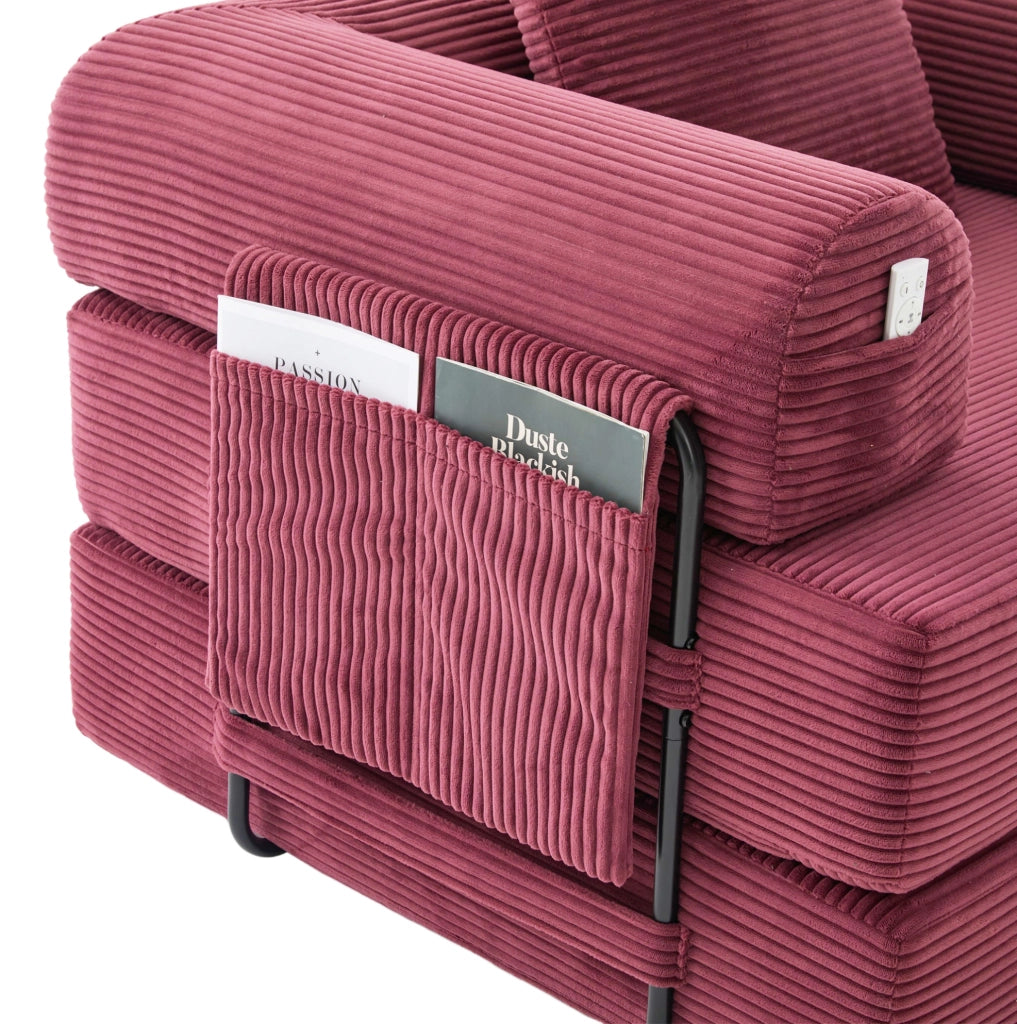 Set divano modulare in velluto a coste con pouf; rosso vino