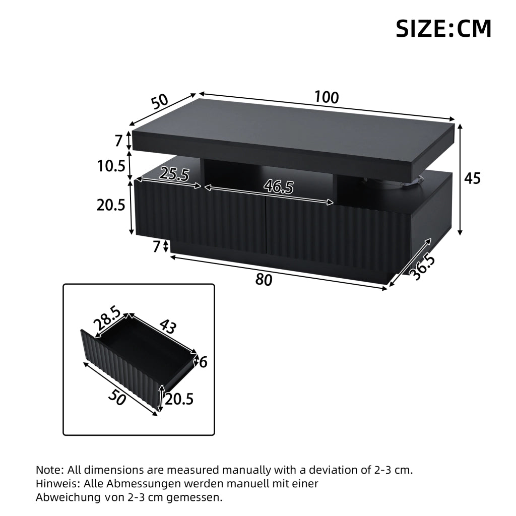 Tavolino da Salotto con LED e 2 Cassetti; Nero; 100x50x45 cm; da Assemblare