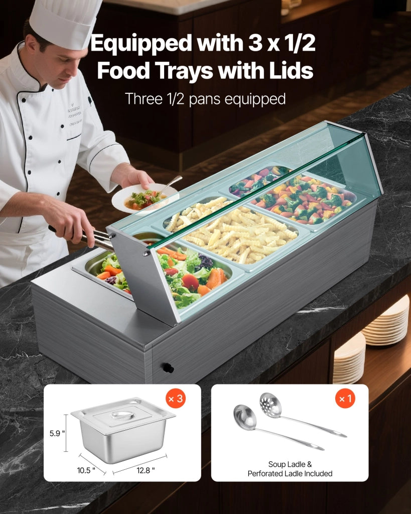Scaldavivande elettrico a buffet M-2213 in acciaio inox, 3 contenitori 1/2, 1500 W, con coperchio in vetro, pratico e robusto per catering e feste